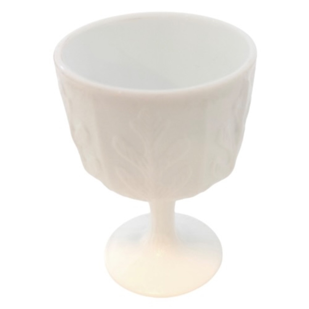 VINTAGE 1975 FTD MILK GLASS GOBLET / PEDESTAL PLANTER OAK LEAF EMBOSSED